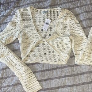 American Eagle Outfitters Cream Crochet Long-Sleeve Crop Top